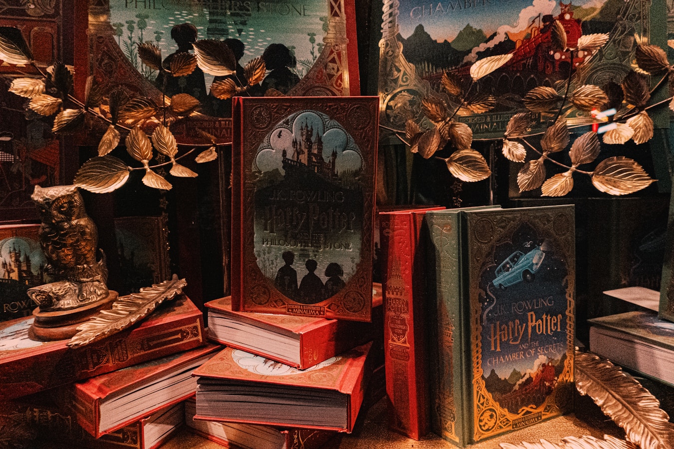 red and brown wooden shelf from article What to Read After Harry Potter – 15 Spell-Binding First-in-Series YA & MG Fantasies