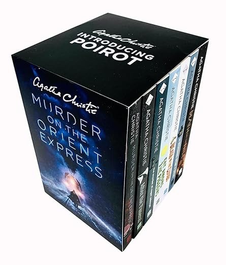 a stack of books on a white background of Agatha Christie’s Poirot from Books In Chronological Order