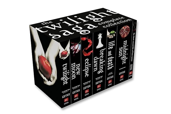 a box of books on a white background of Twilight Saga  from Books In Chronological Order