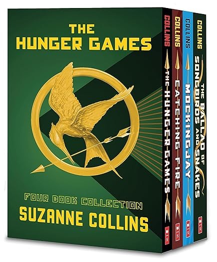 a collection of books on a white cover from The Hunger Games
