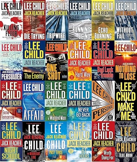 a collage of books of Jack Reacher  from Books In Chronological Order